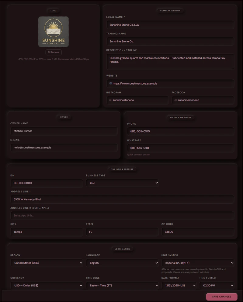 Company settings screen with the logo, company identity, owner and phone details, tax information and address, and localization settings for region, language, units and currency