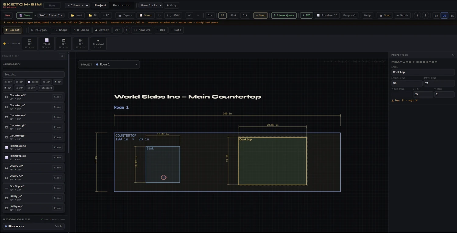 Sketch-BIM editor showing a countertop layout with a sink and a cooktop, the piece library on the left and the properties panel on the right