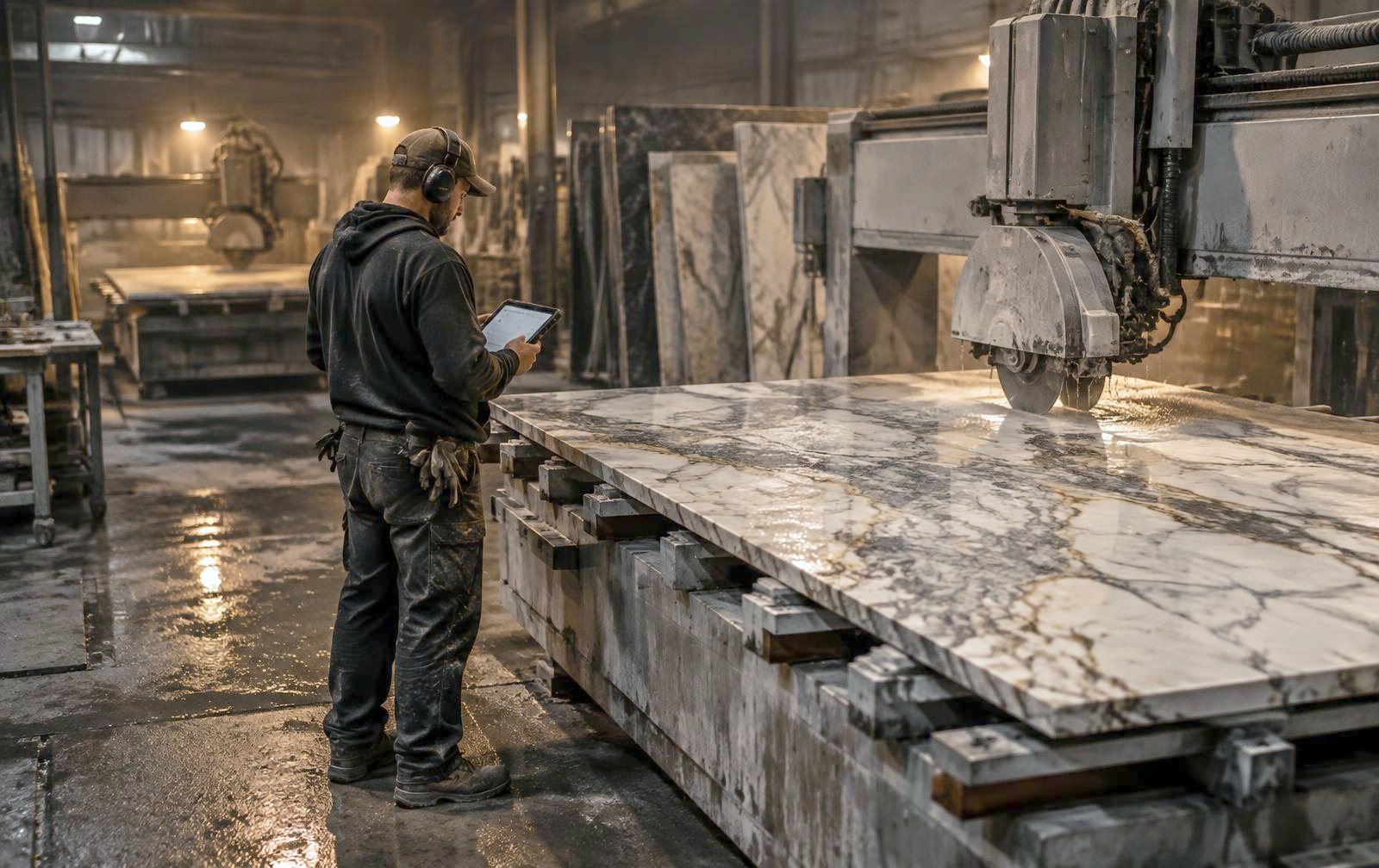 Fabricator checking a job on a tablet beside a marble slab on a CNC bridge saw in a stone shop