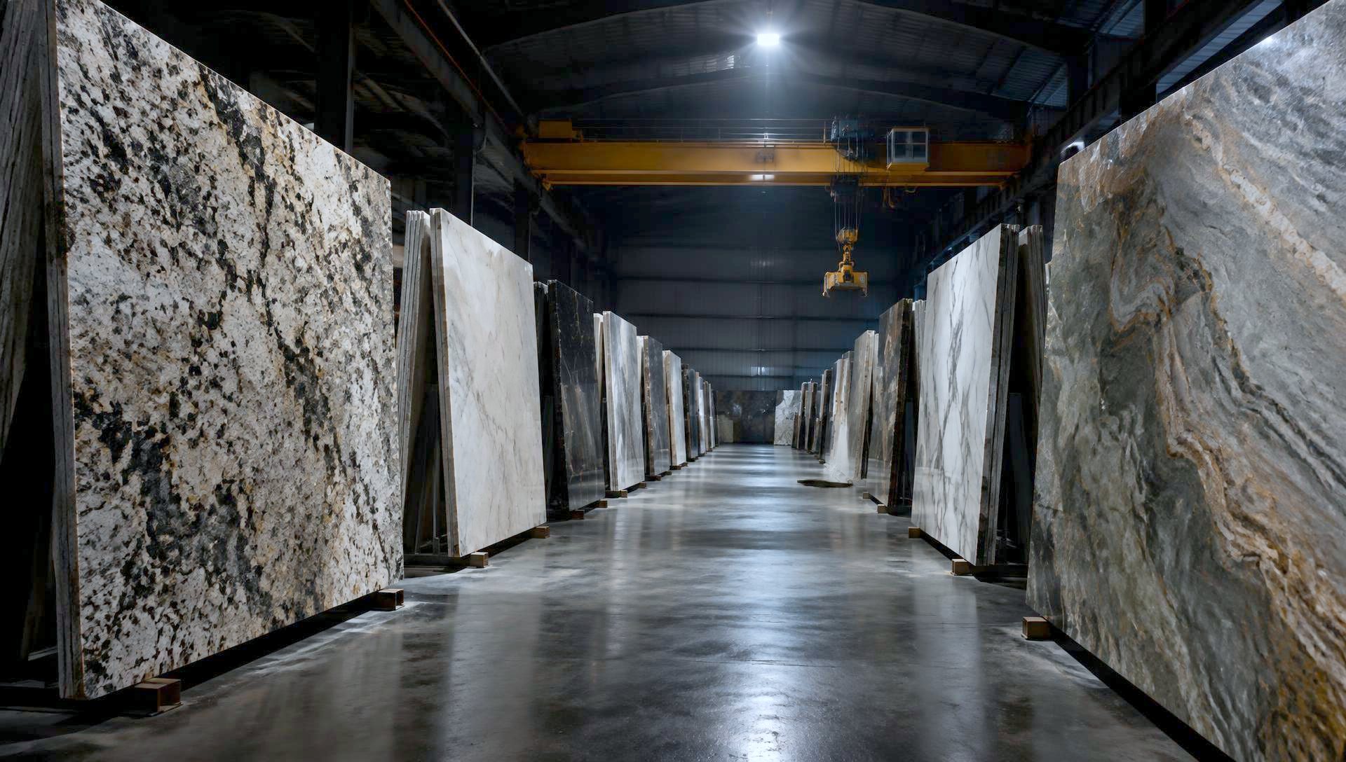 Rows of natural stone slabs standing in a dark warehouse