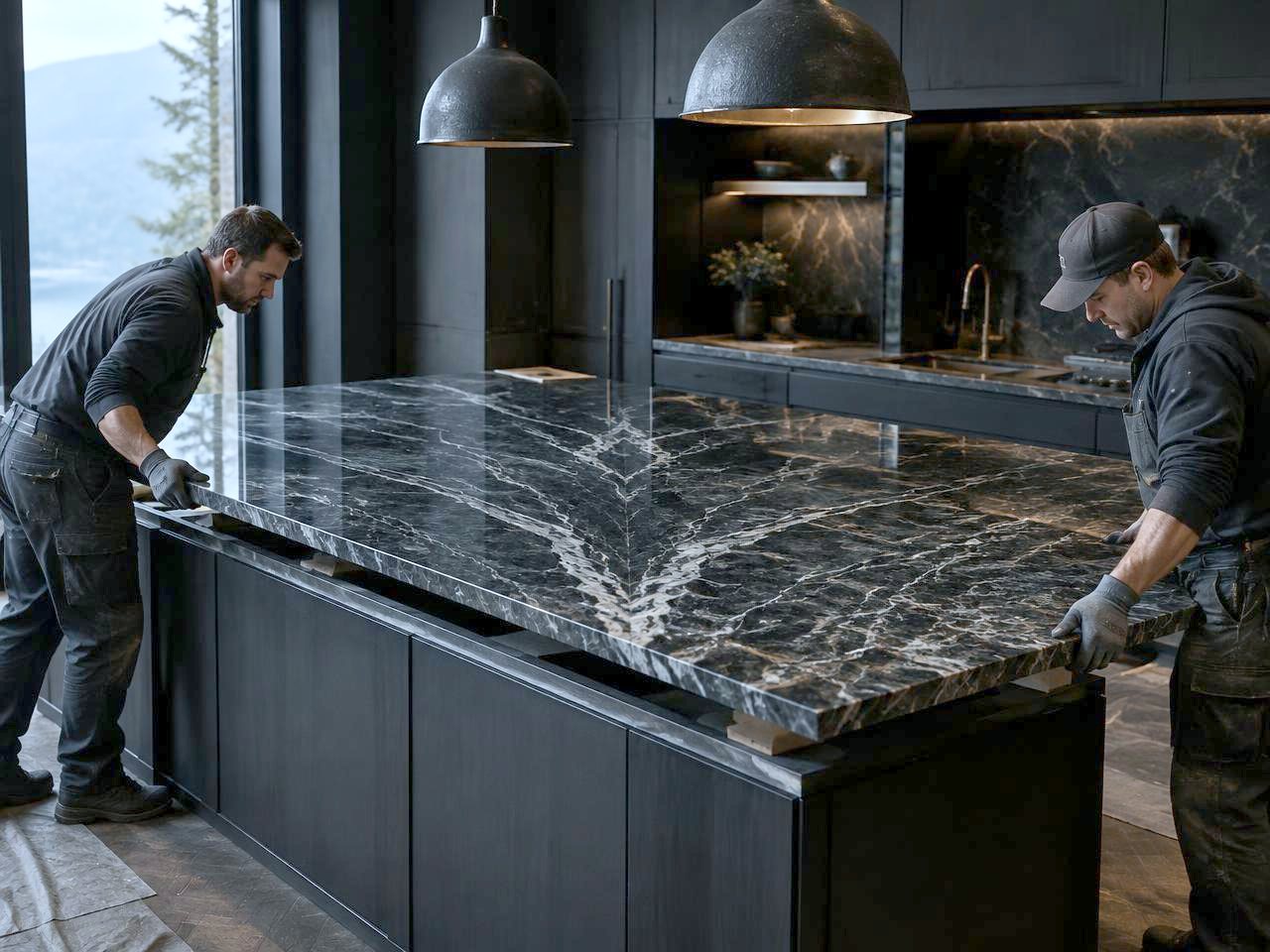 Installers setting a dark marble slab onto a kitchen island