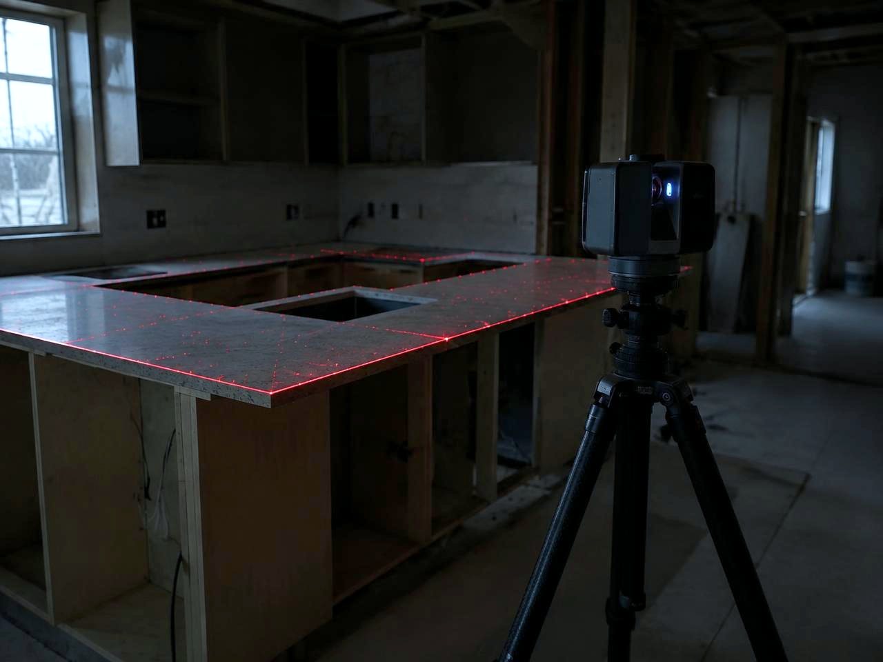 Laser templating device scanning a countertop on site
