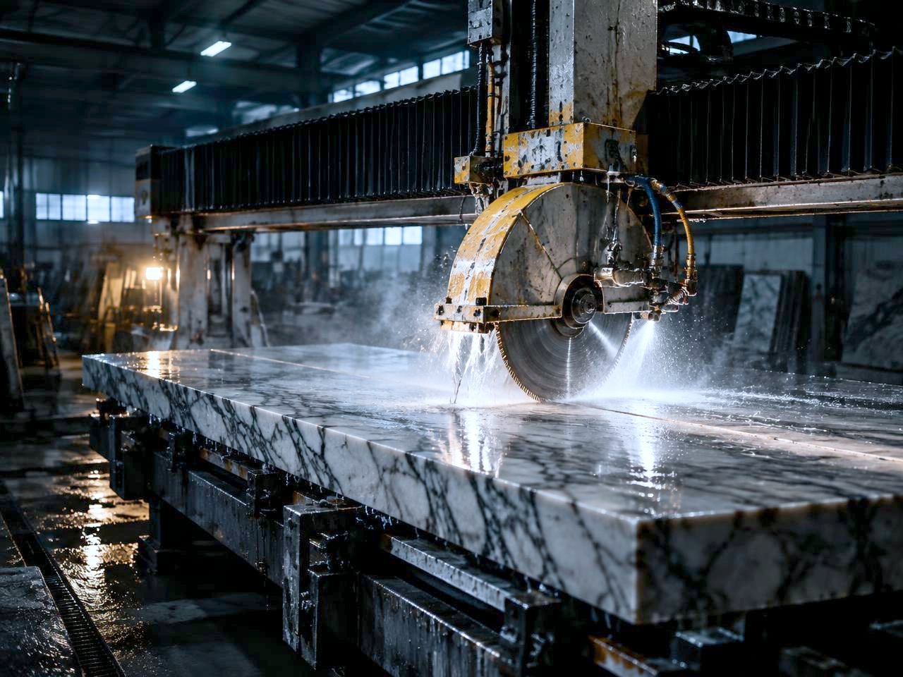 CNC bridge saw cutting a marble slab