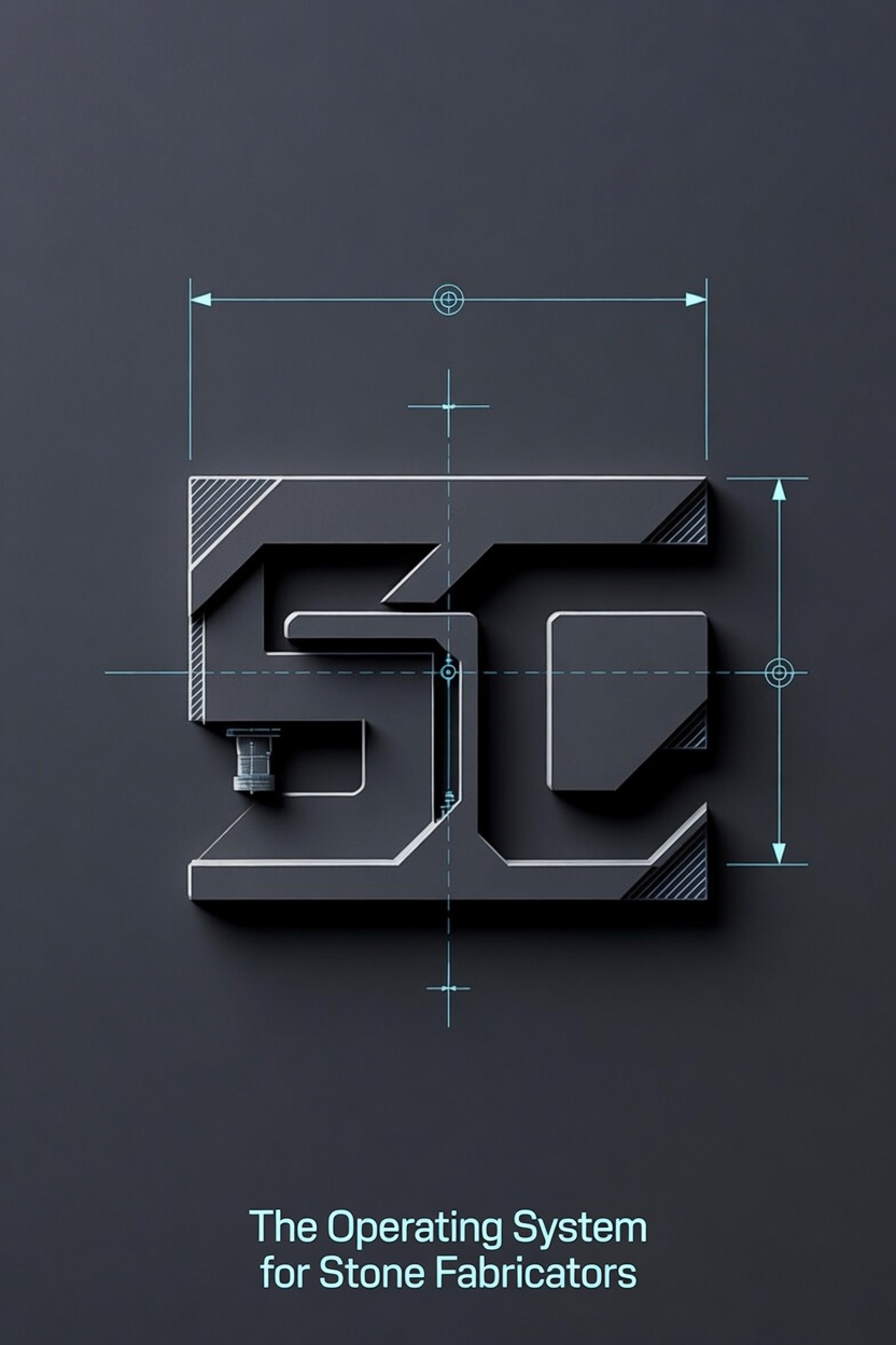 StoneCraftOS SC monogram drawn as a fabrication part with dimension lines — The Operating System for Stone Fabricators